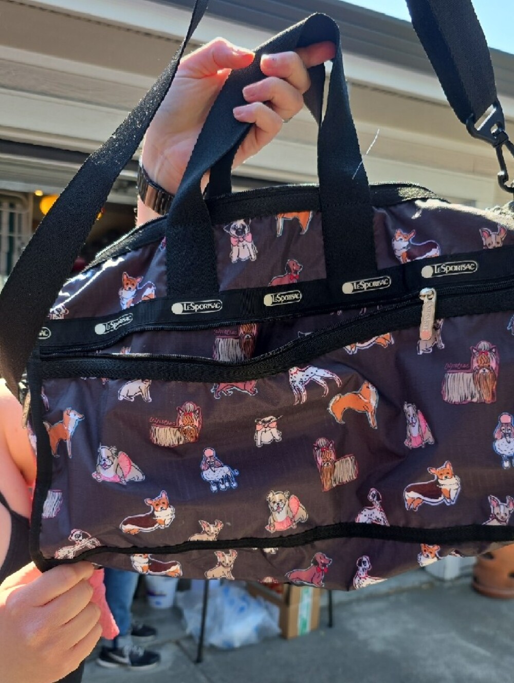 Lesportsac Black Nylon Tote with Multicolor Dog Print - Picture 2 of 3